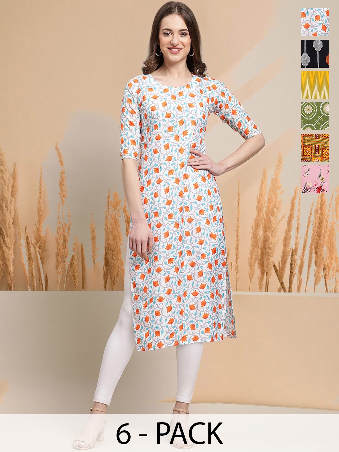 

7Threads Selection of 6 Floral Printed Round Neck Straight Kurtas, White