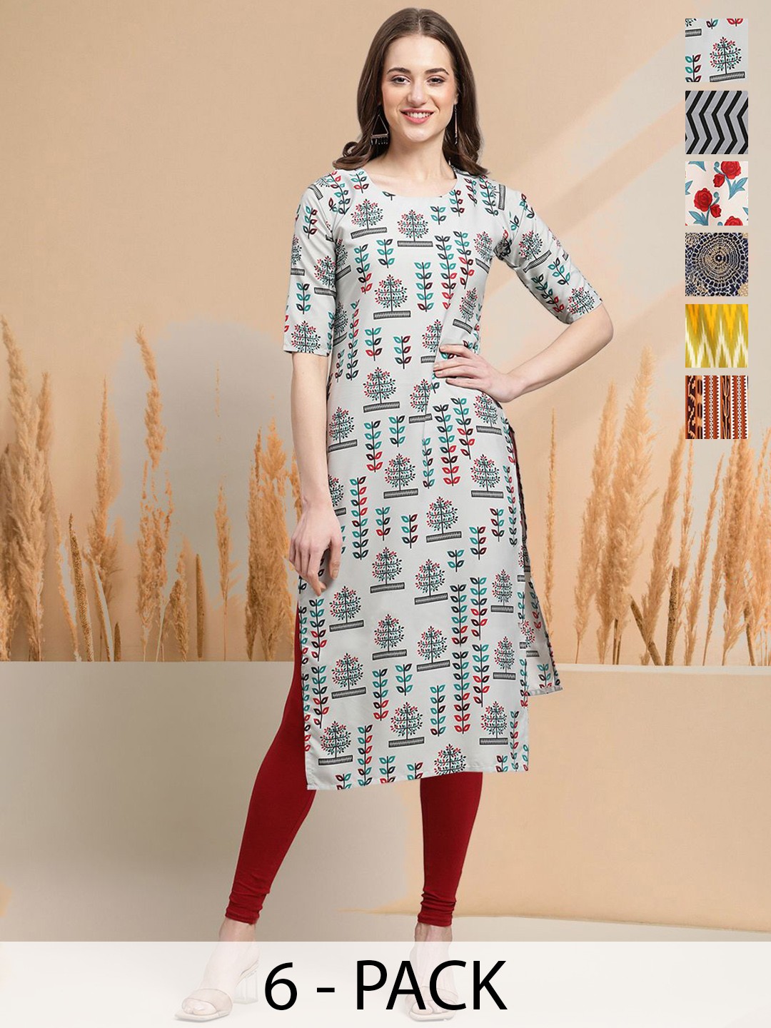 

7Threads Selection of 6 Floral Printed Round Neck Straight Kurtas, Grey
