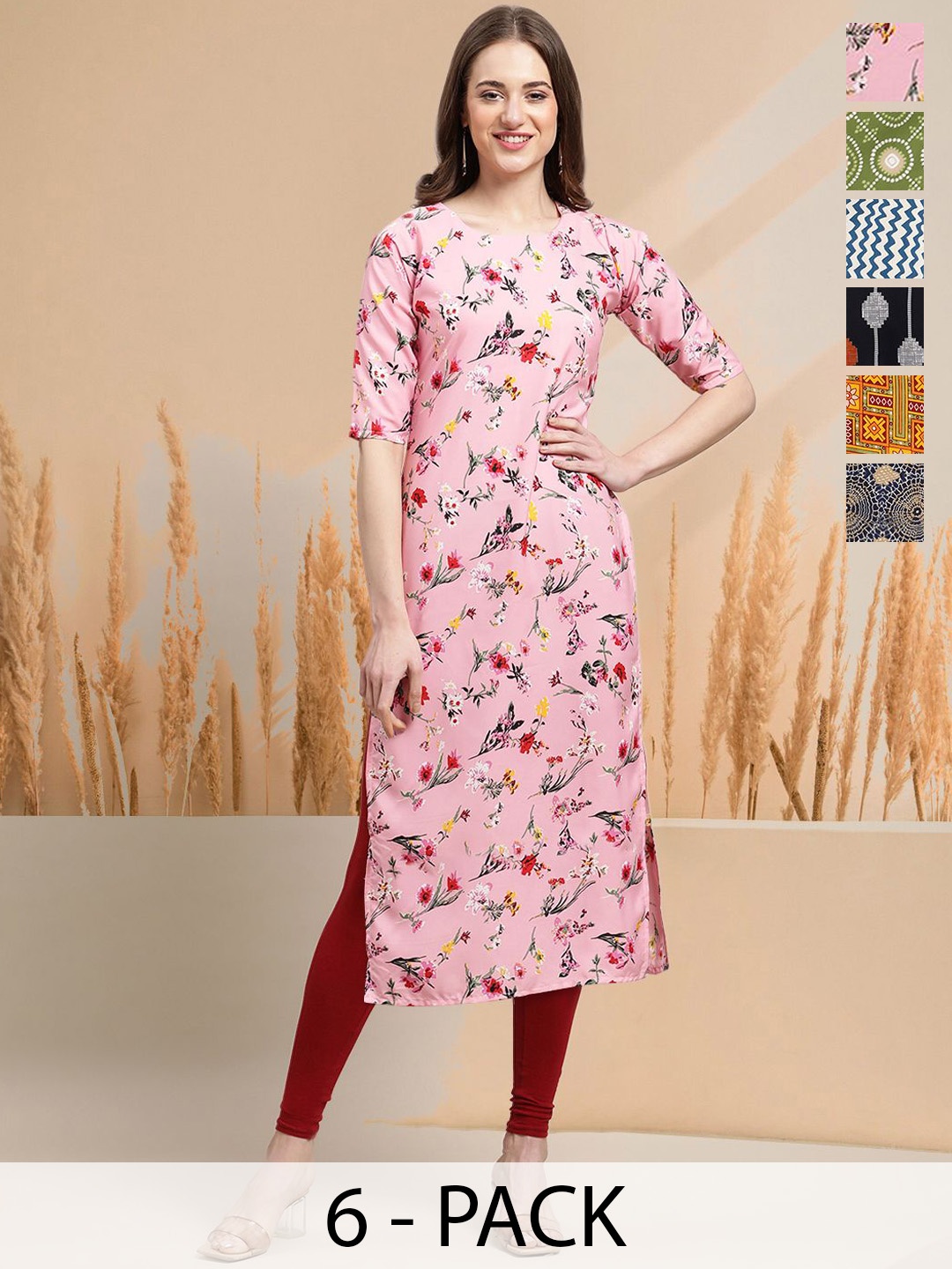 

7Threads Selection Of 6 Floral Printed Round Neck Straight Kurtas, Pink