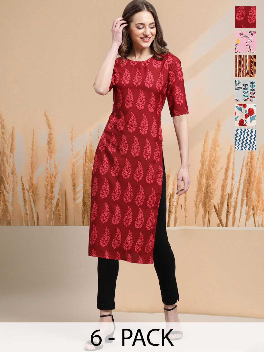 

7Threads Selection Of 6 Floral Printed Round Neck Straight Kurtas, Maroon