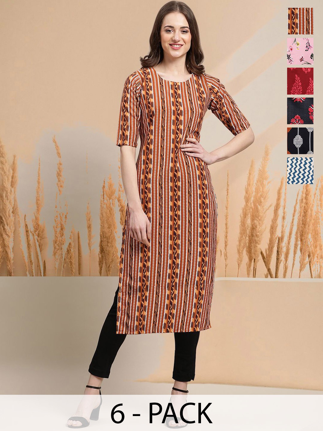 

7Threads Selection Of 6 Geometric Printed Round Neck Straight Kurtas, Brown