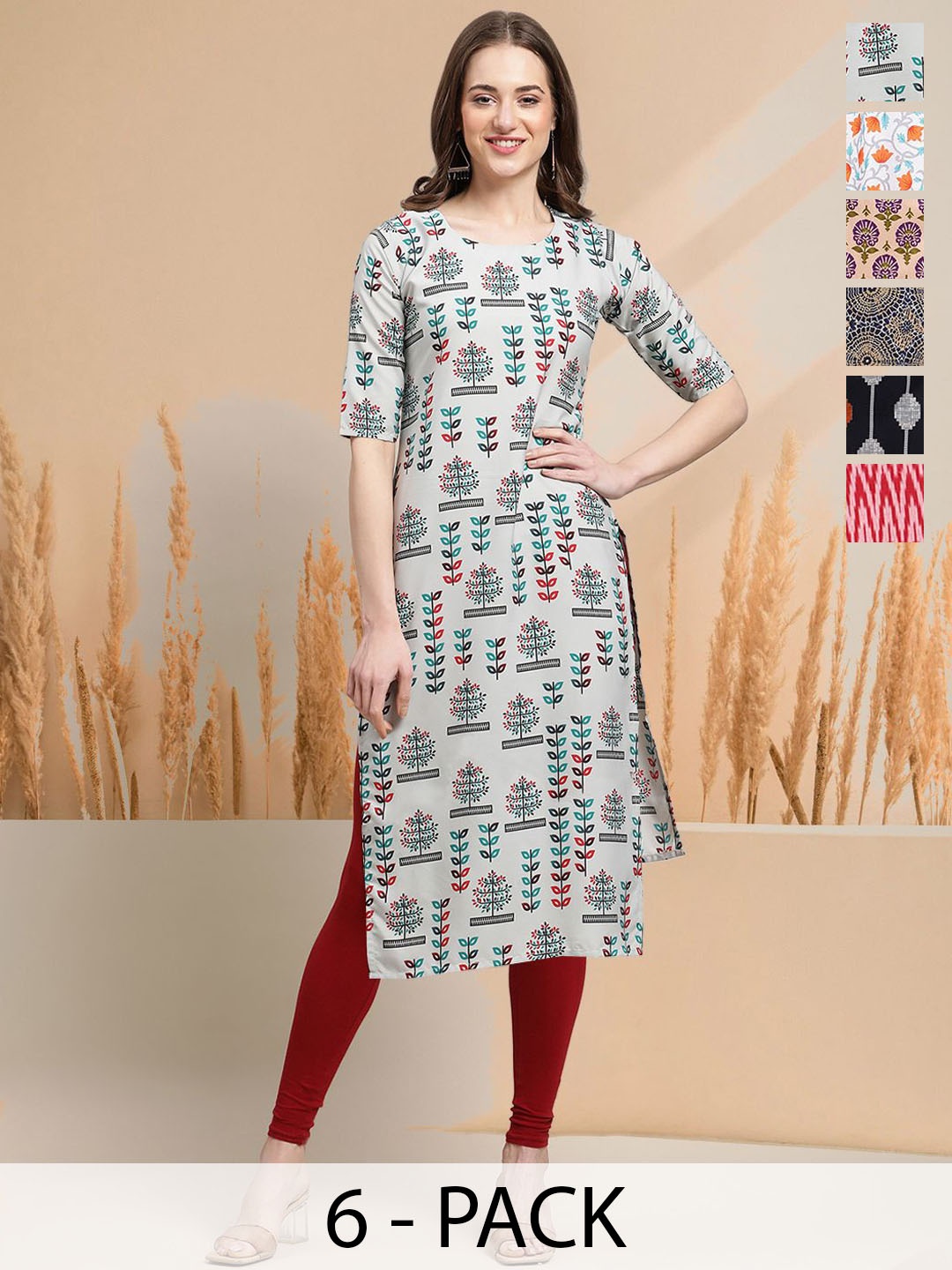 

7Threads Selection of 6 Floral Printed Round Neck Straight Kurtas, Grey