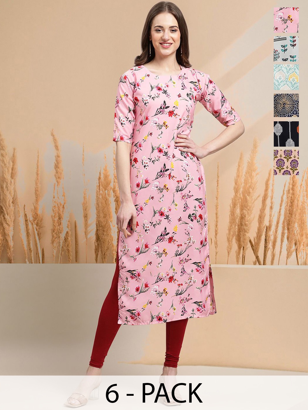 

7Threads Selection of 6 Floral Printed Round Neck Straight Kurtas, Pink