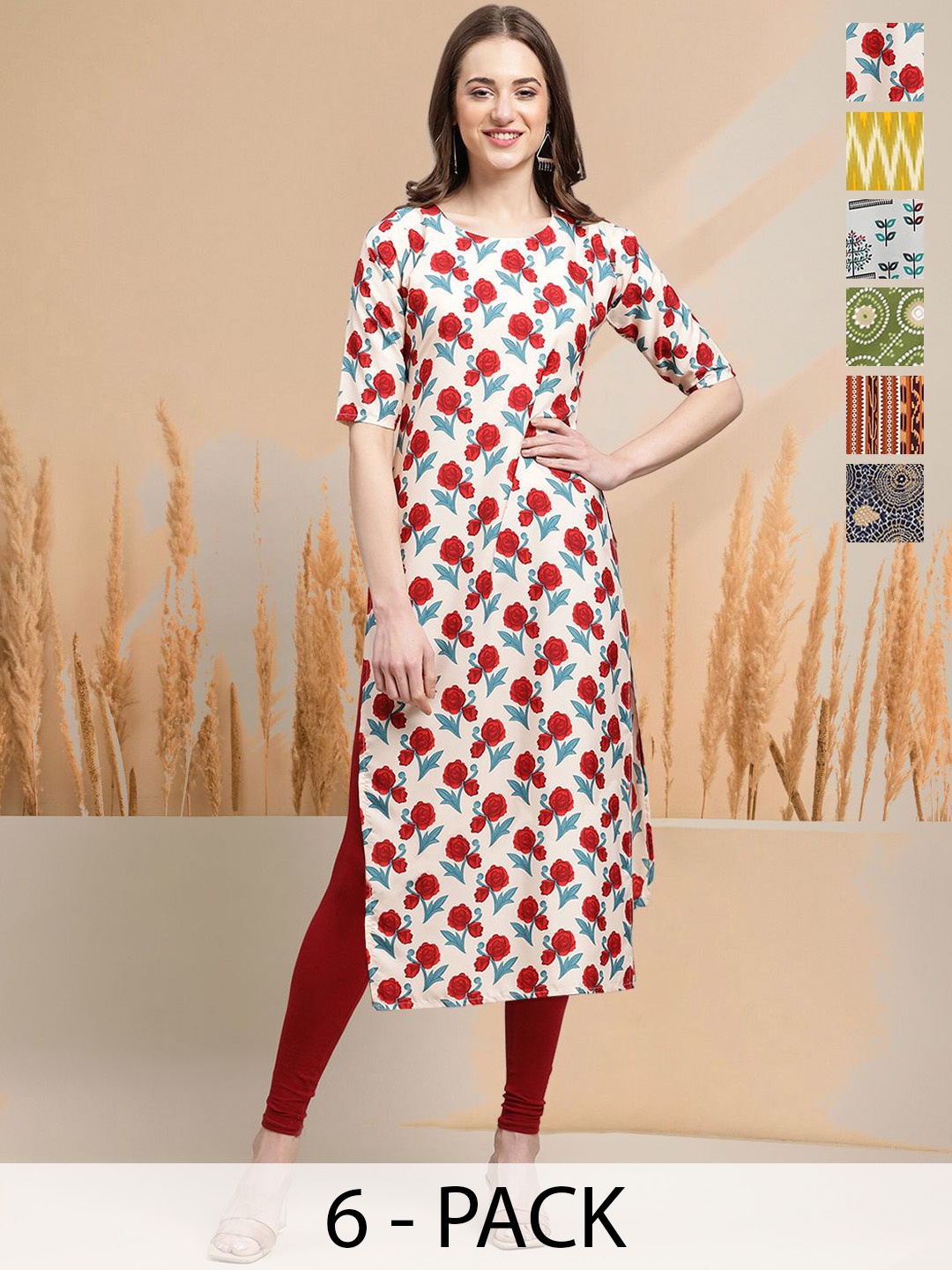 

7Threads Selection Of 6 Floral Printed Round Neck Straight Kurtas, White