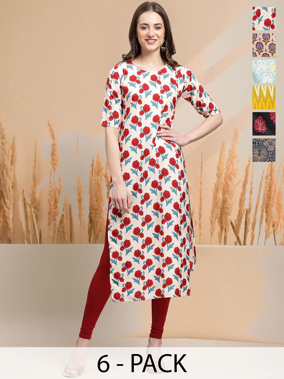 

7Threads Selection Of 6 Floral Printed Round Neck Straight Kurtas, Cream