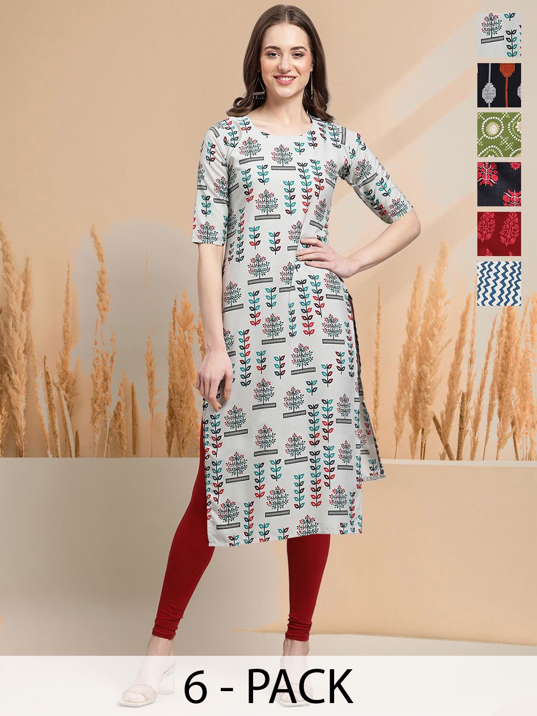 

7Threads Selection Of 6 Floral Printed Round Neck Straight Kurtas, Off white