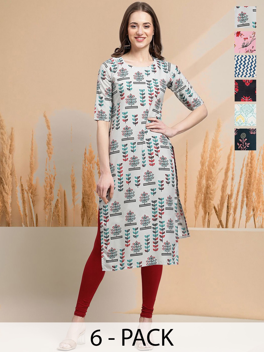 

7Threads Selection Of 6 Floral Printed Round Neck Straight Kurtas, White