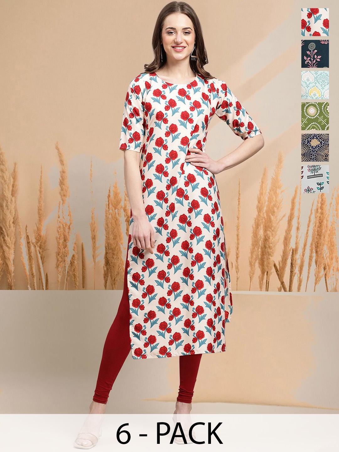 

7Threads Selection Of 6 Floral Printed Round Neck Straight Kurtas, Off white
