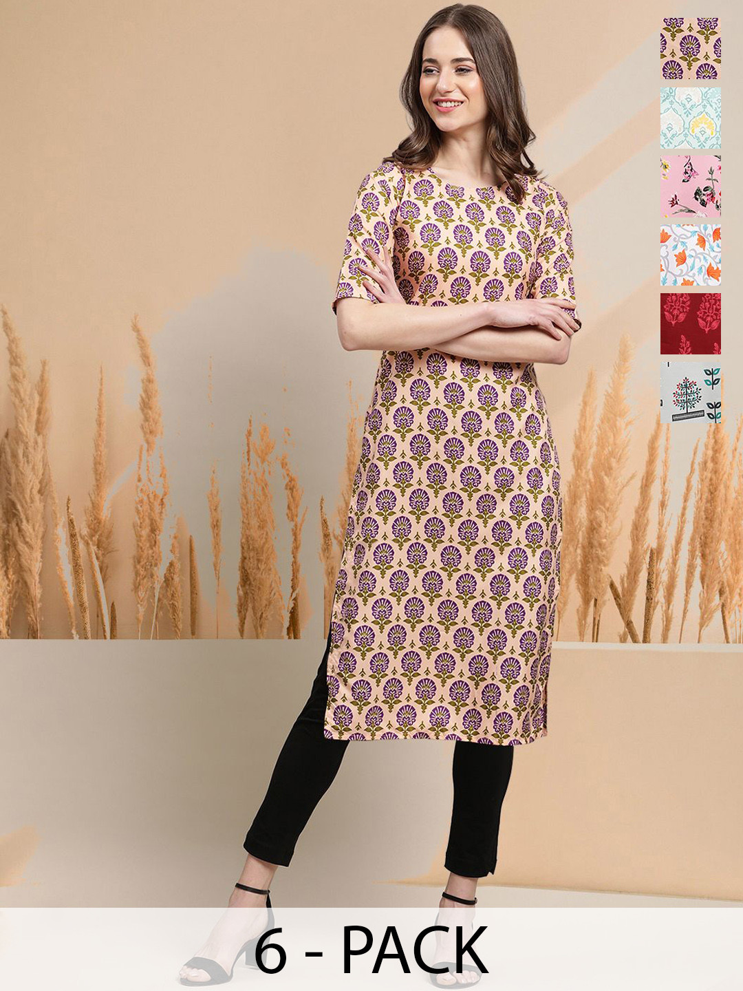 

7Threads Selection Of 6 Floral Printed Round Neck Straight Kurtas, Peach