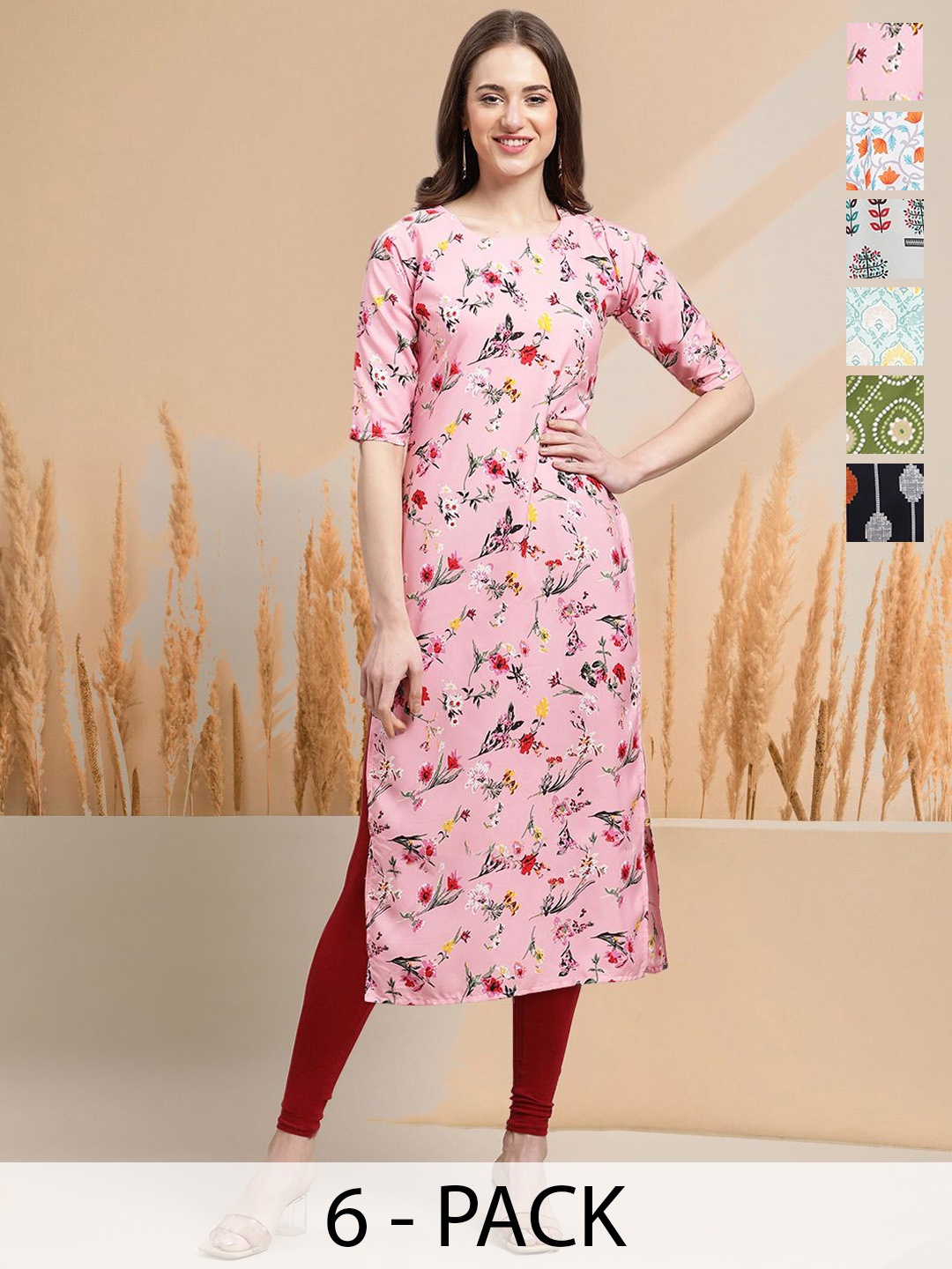 

7Threads Selection of 6 Floral Printed Round Neck Straight Kurtas, Pink