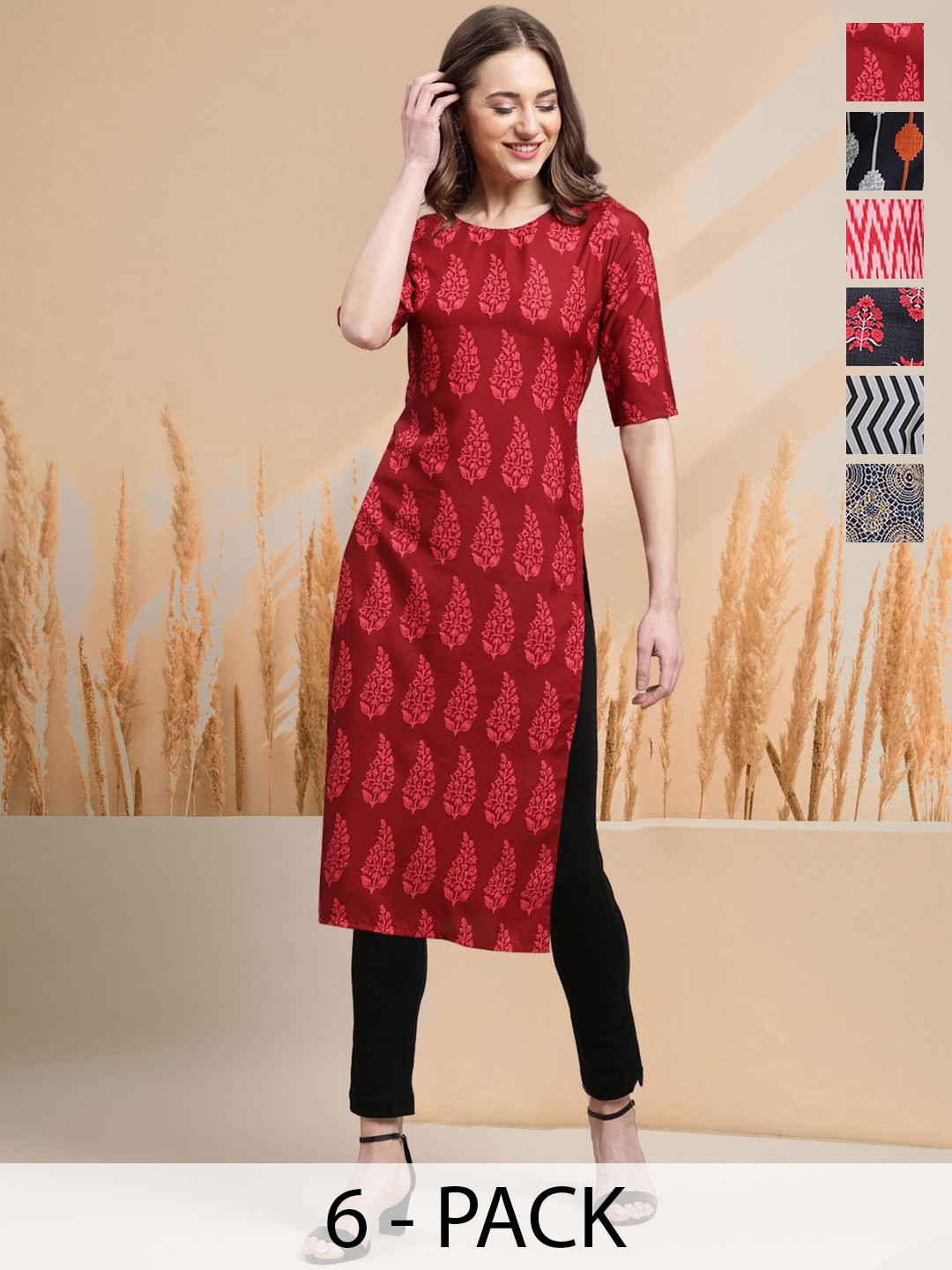 

7Threads Selection of 6 Paisley Printed Round Neck Straight Kurtas, Red