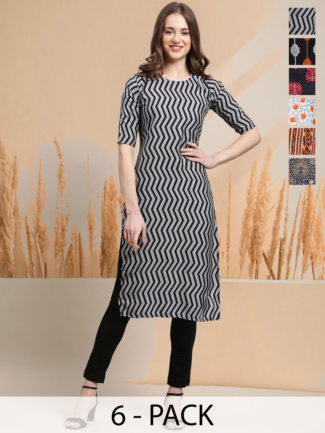 

7Threads Selection Of 6 Chevron Printed Round Neck Straight Kurtas, Black