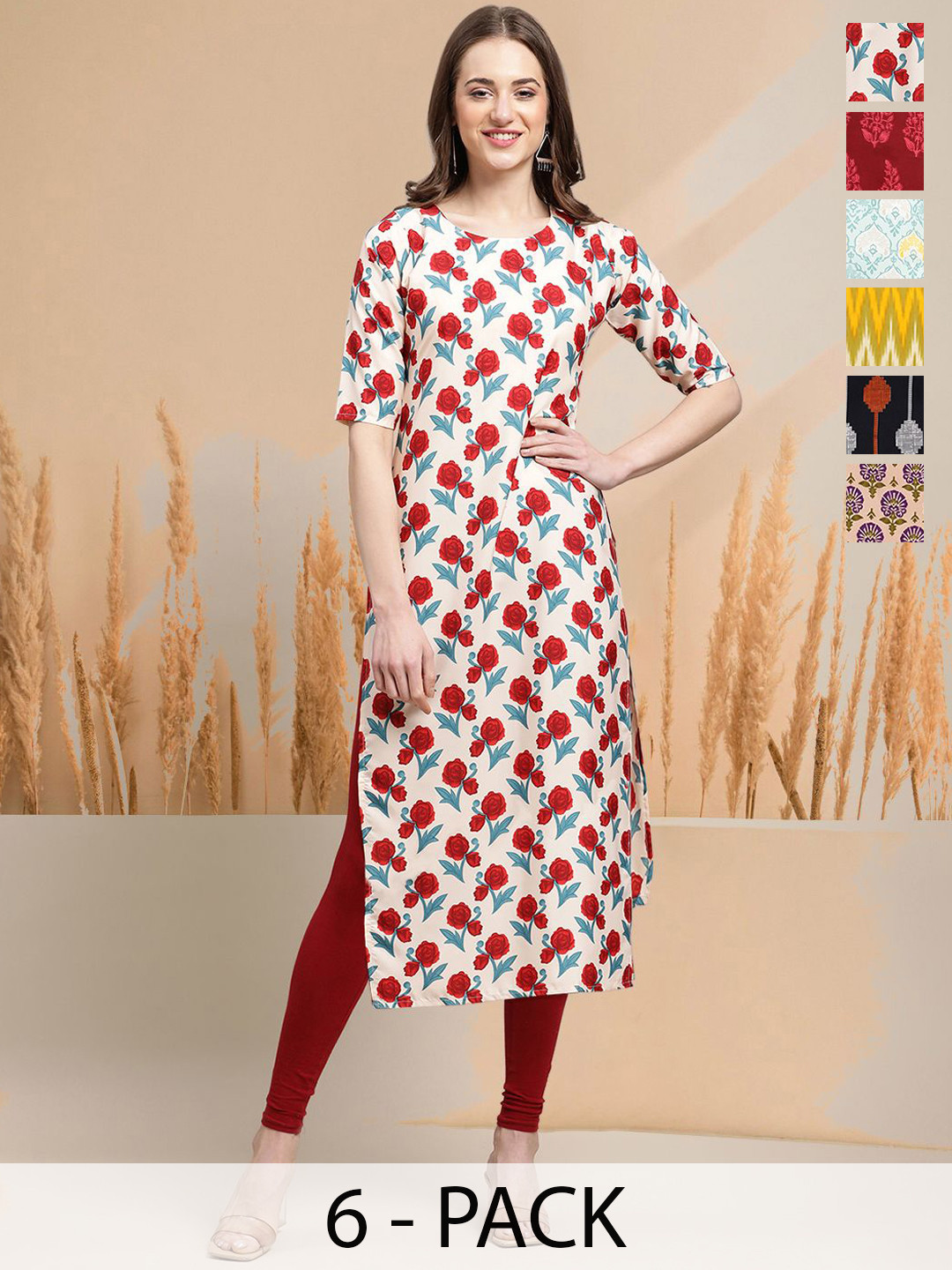 

7Threads Selection of 6 Floral Printed Round Neck Straight Kurtas, Cream