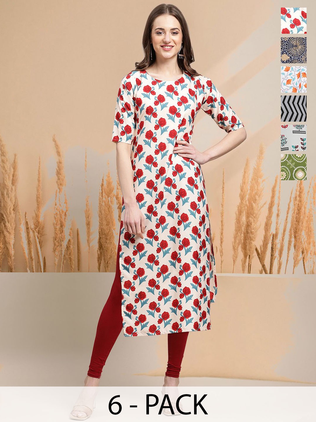 7Threads Selection Of 6 Floral Printed Round Neck Straight Kurtas, Cream