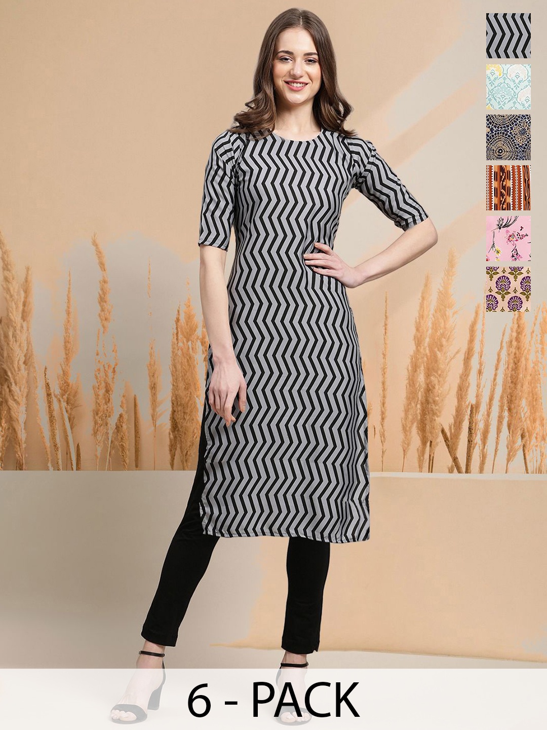 

7Threads Selection of 6 Chevron Printed Round Neck Straight Kurta, Black