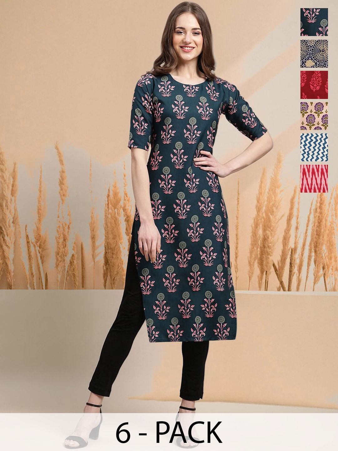 7Threads Selection Of 6 Floral Printed Round Neck Straight Kurtas, Green