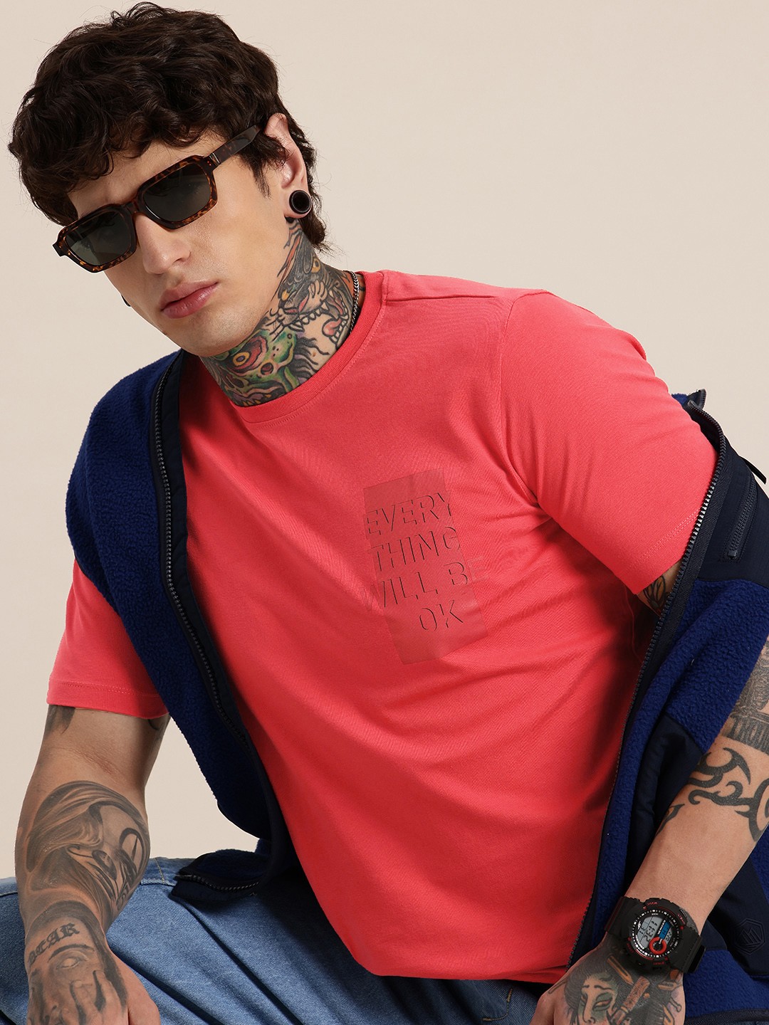 

HERE&NOW Solid Pure Cotton T-shirt with Minimal Print, Red