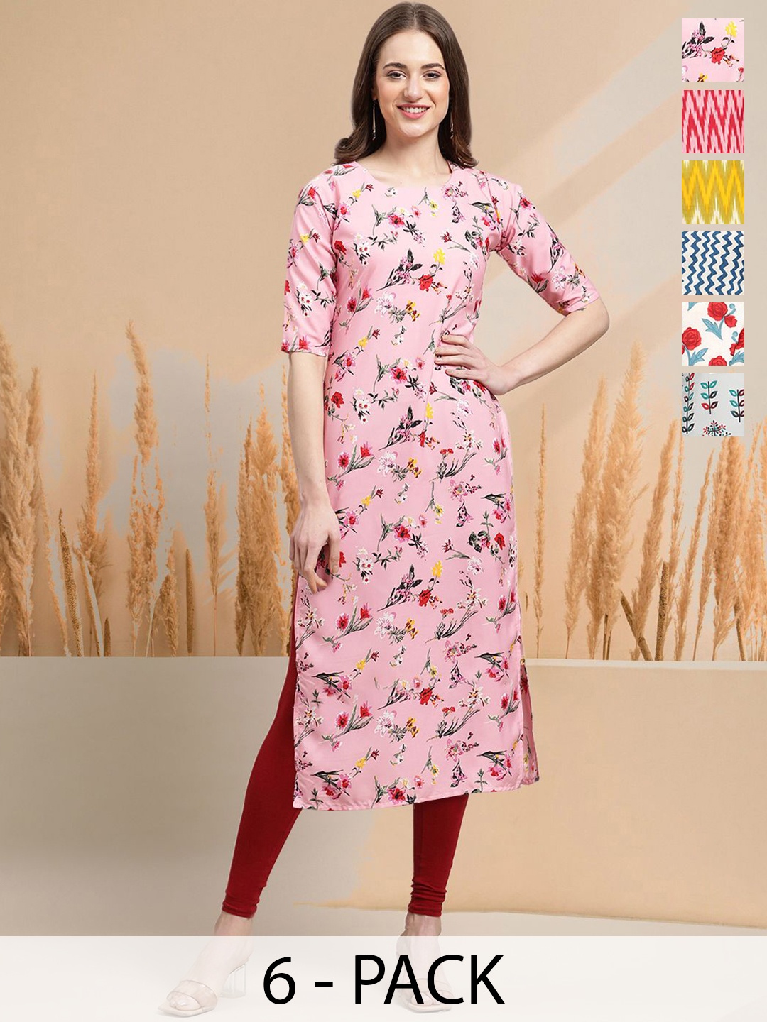 

7Threads Selection Of 6 Floral Printed Round Neck Straight Kurtas, Pink