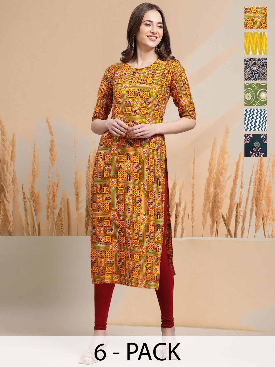 

7Threads Selection Of 6 Geometric Printed Round Neck Straight Kurtas, Mustard
