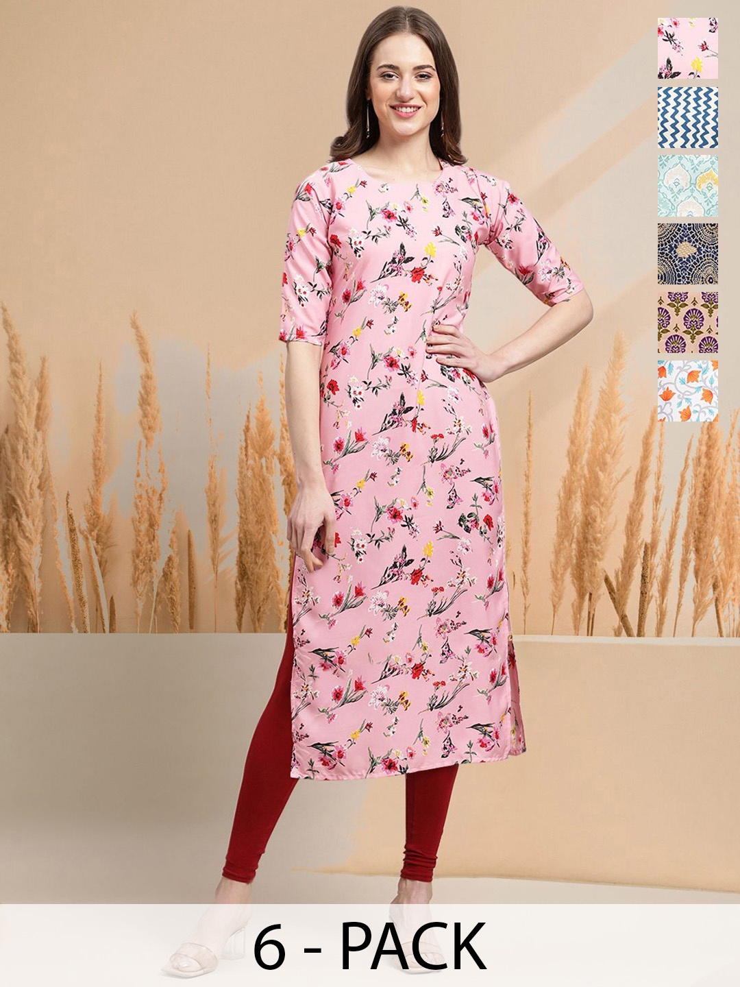 

7Threads Selection Of 6 Floral Printed Round Neck Straight Kurtas, Pink