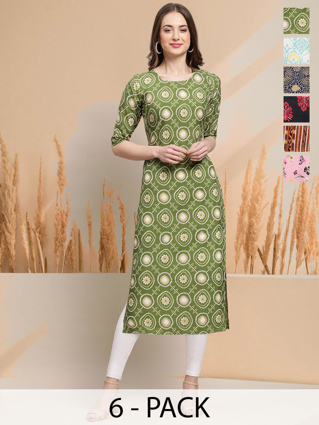 

7Threads Selection of 6 Floral Printed Round Neck Straight Kurta, Green