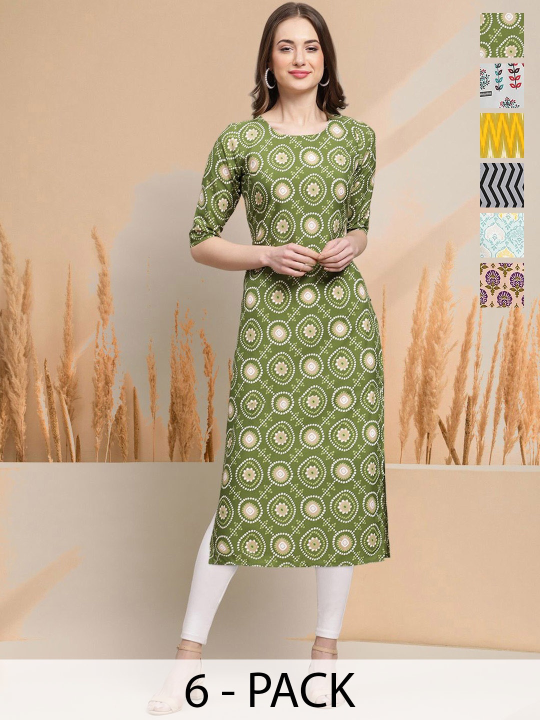 

7Threads Selection Of 6 Floral Printed Round Neck Straight Kurtas, Green