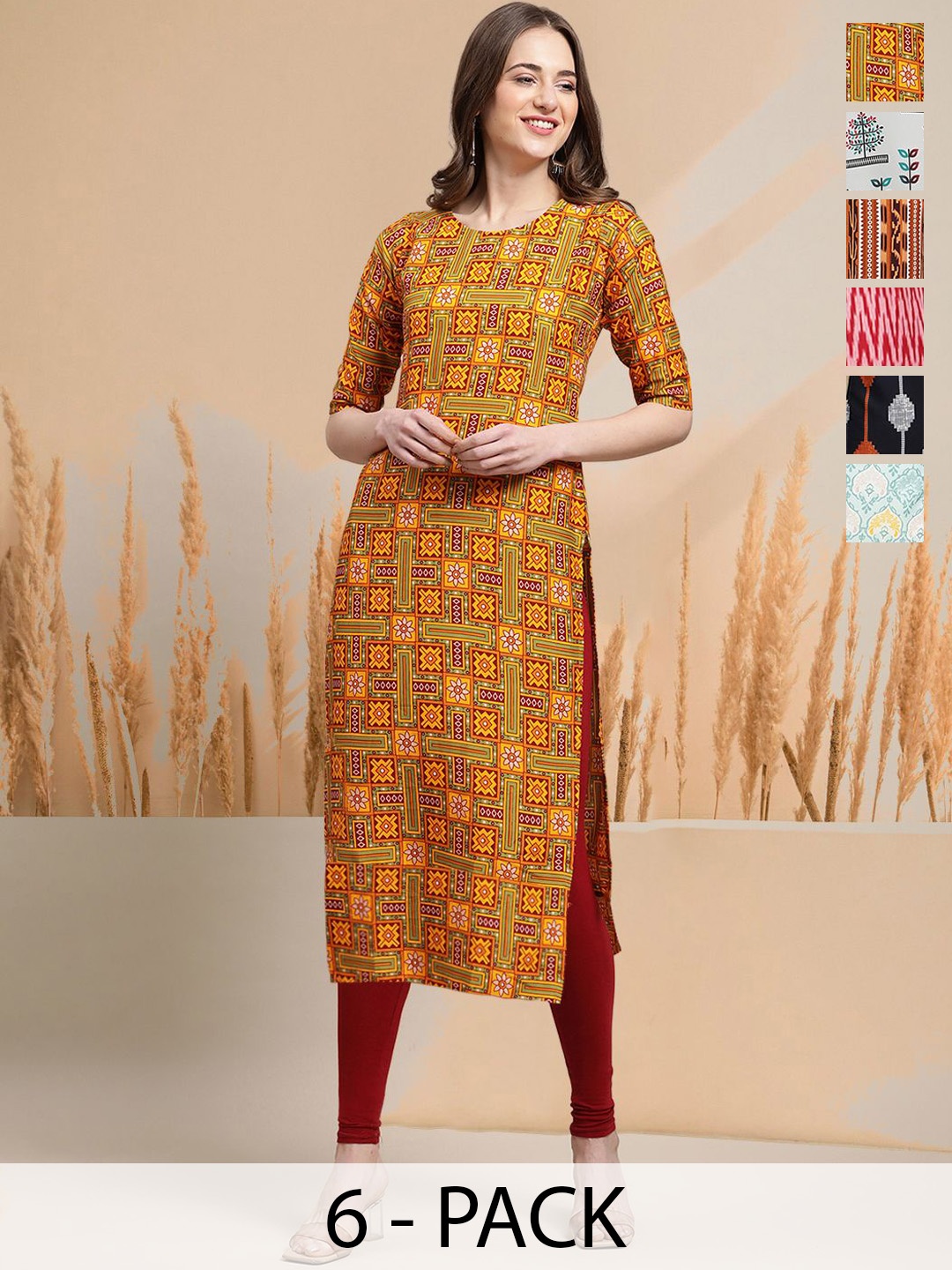 

7Threads Selection of 6 Ethnic Motifs Printed Round Neck Straight Kurta, Mustard