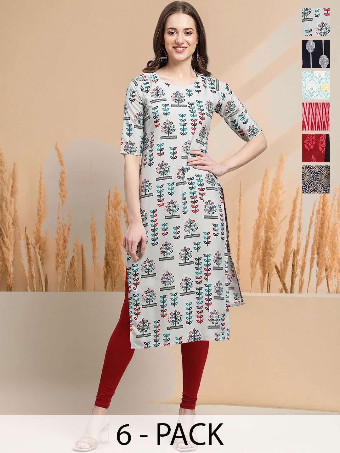 

7Threads Selection Of 6 Floral Printed Round Neck Straight Kurtas, Grey