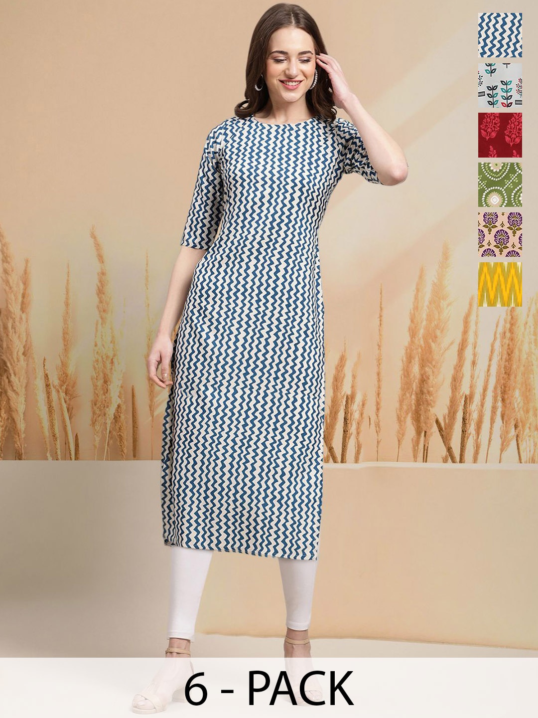 

7Threads Selection Of 6 Chevron Printed Round Neck Straight Kurtas, Navy blue