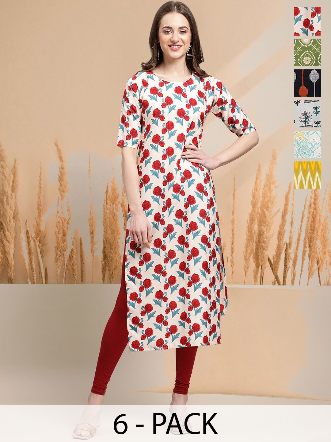 

7Threads Selection Of 6 Geometric Printed Round Neck Straight Kurtas, Off white