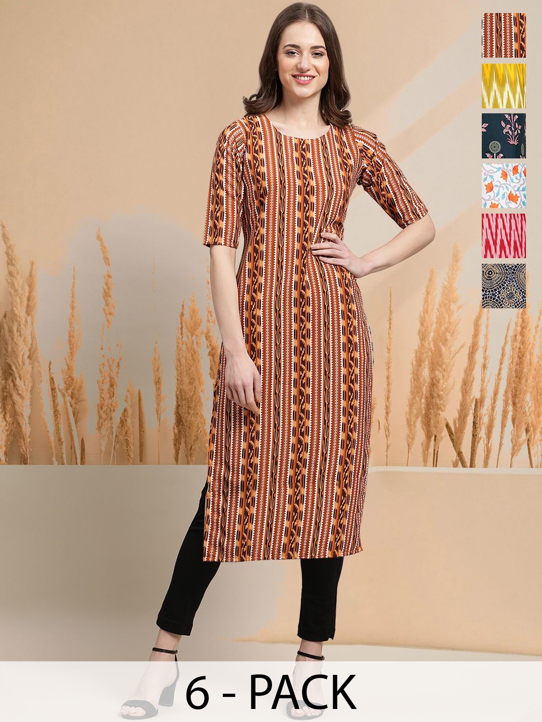

7Threads Selection Of 6 Ethnic Motifs Printed Round Neck Straight Kurtas, Brown