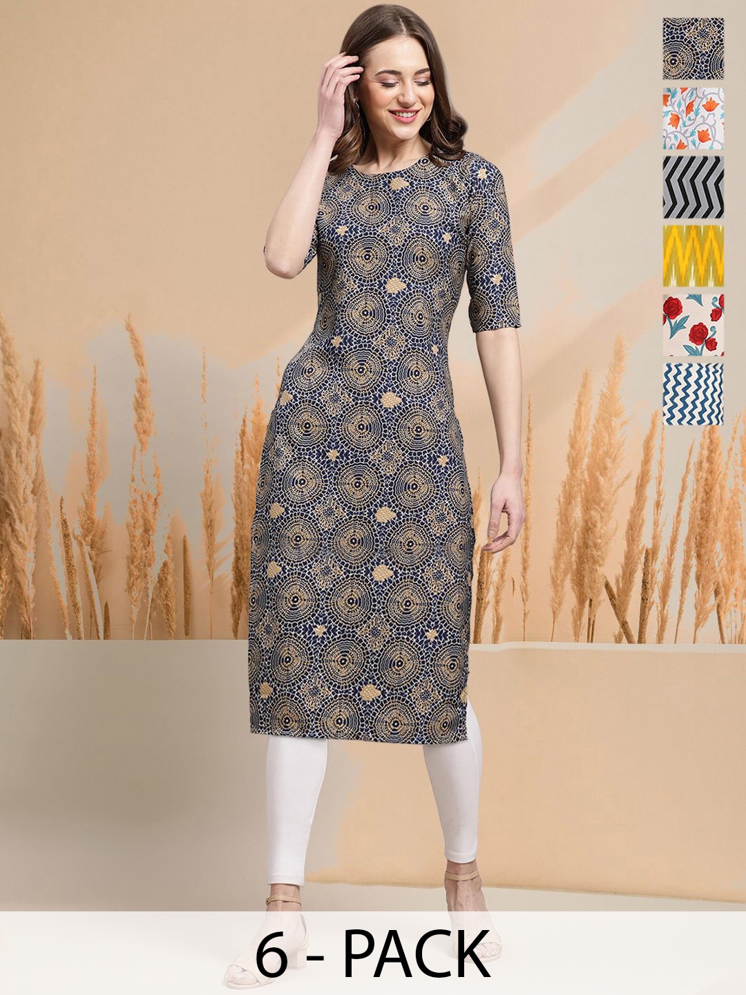 7Threads Selection of 6 Geometric Printed Round Neck Straight Kurta, Navy blue