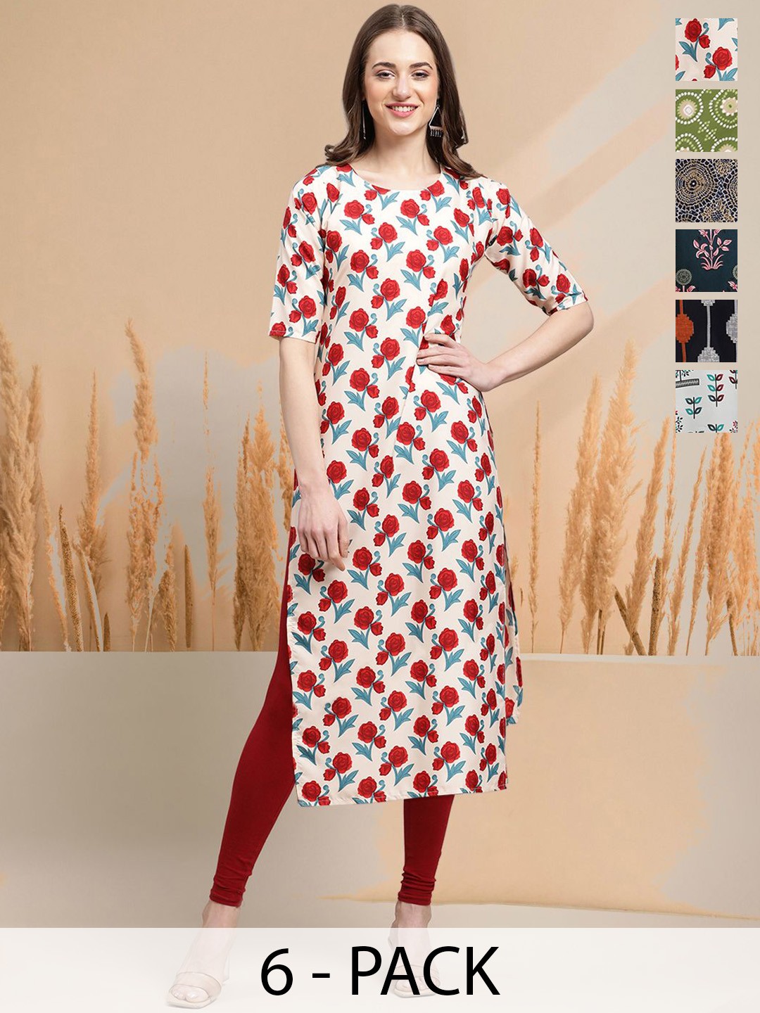 

7Threads Selection of 6 Floral Printed Round Neck Straight Kurtas, Cream