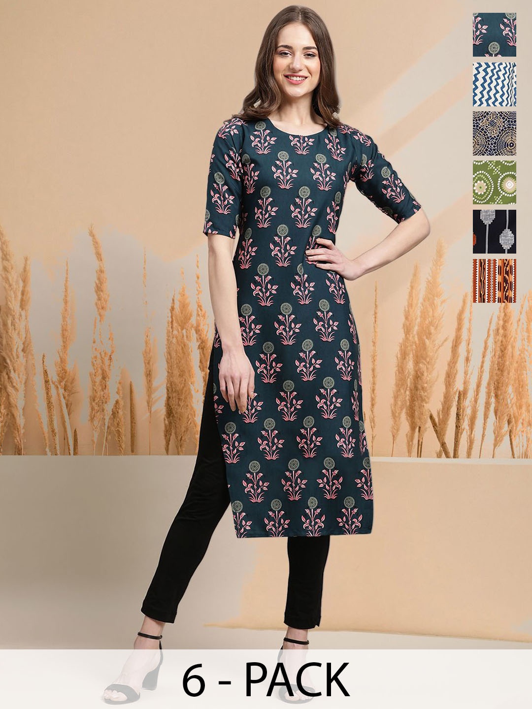 7Threads Selection Of 6 Floral Printed Straight Kurtas, Green