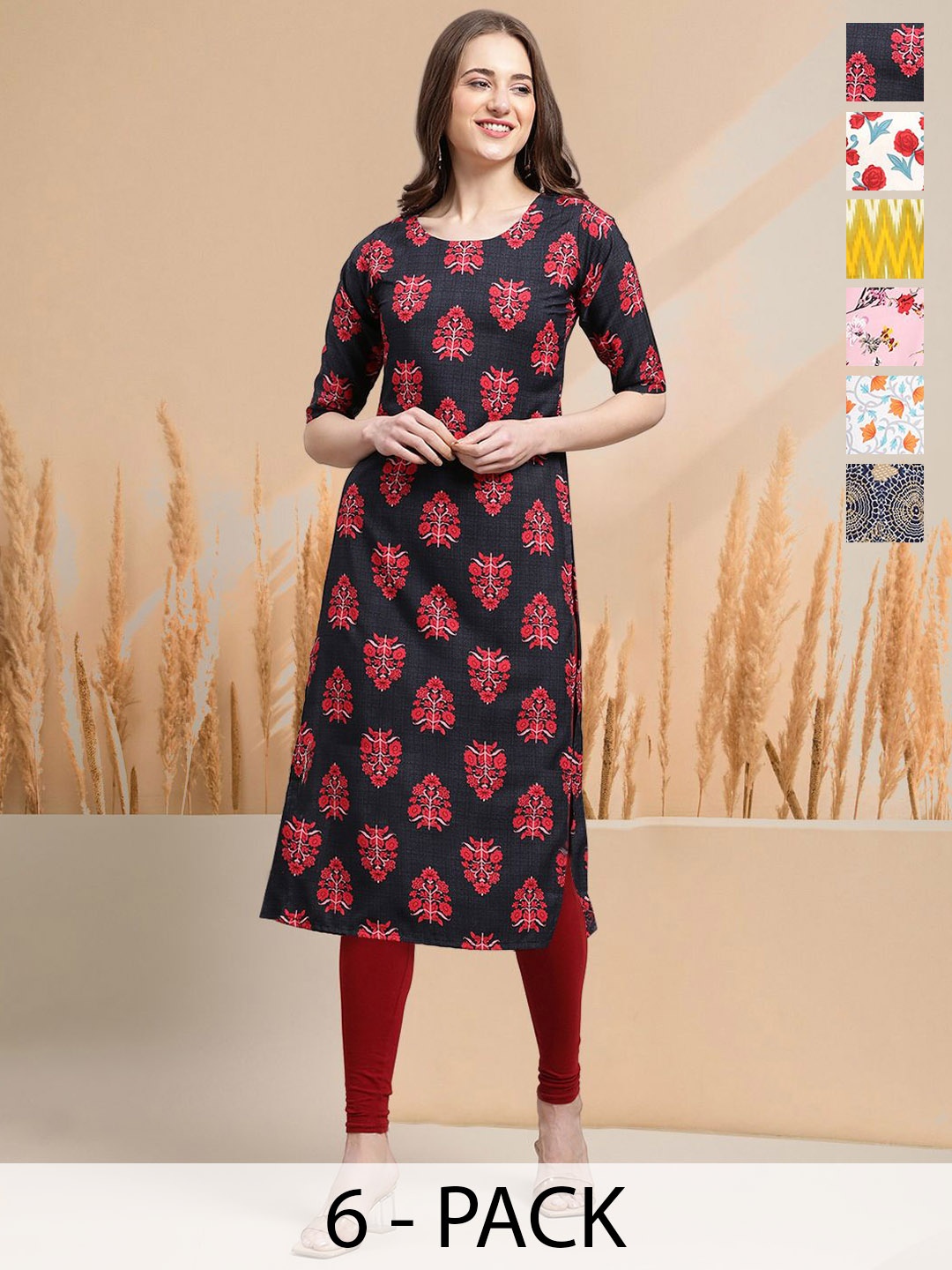 7Threads Selection Of 6 Floral Printed Round Neck Straight Kurtas, Navy blue