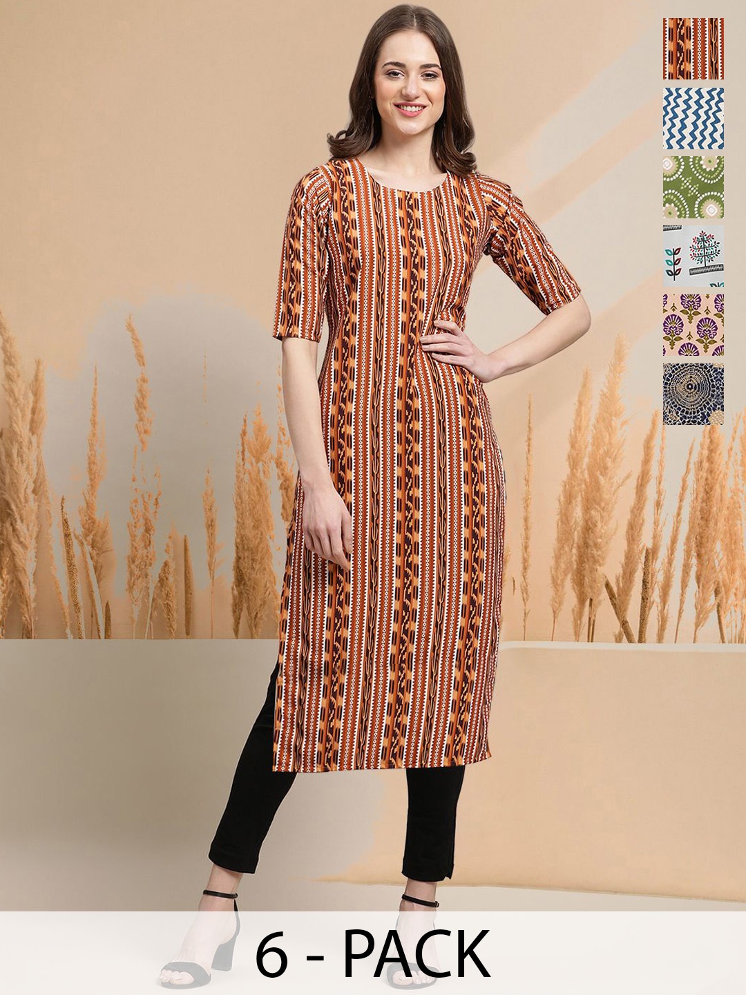 

7Threads Selection of 6 Ethnic Motifs Printed Round Neck Straight Kurtas, Red