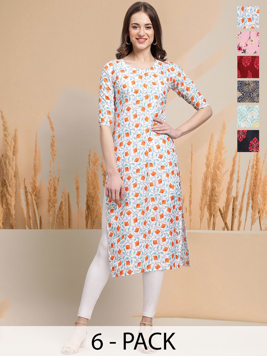 

7Threads Selection Of 6 Floral Printed Round Neck Straight Kurtas, White