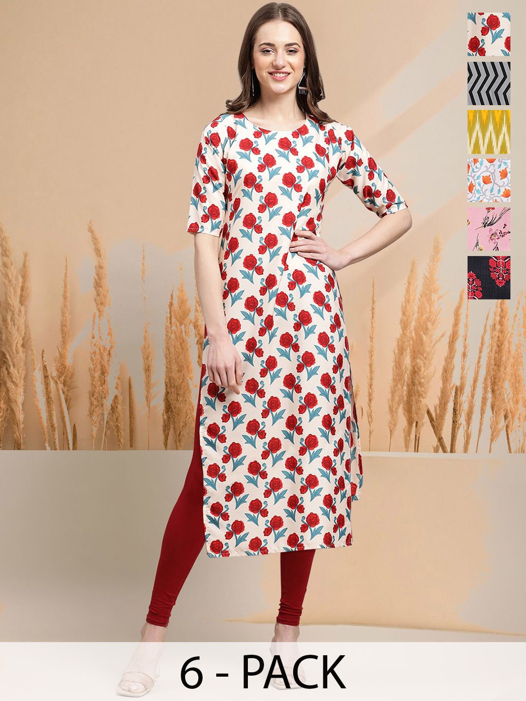 

7Threads Selection Of 6 Floral Printed Straight Kurtas, Cream