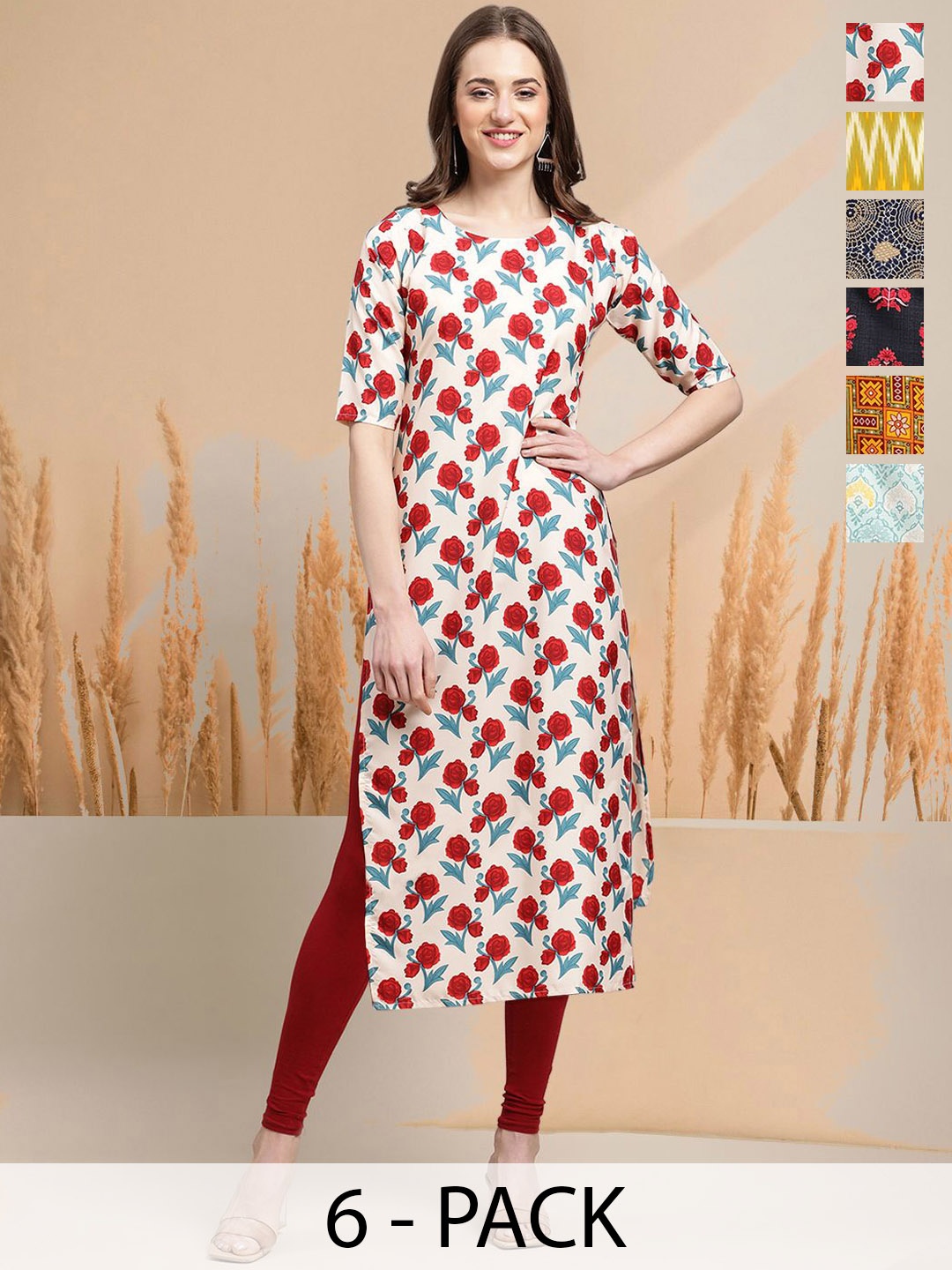 

7Threads Selection Of 6 Floral Printed Round Neck Straight Kurtas, White