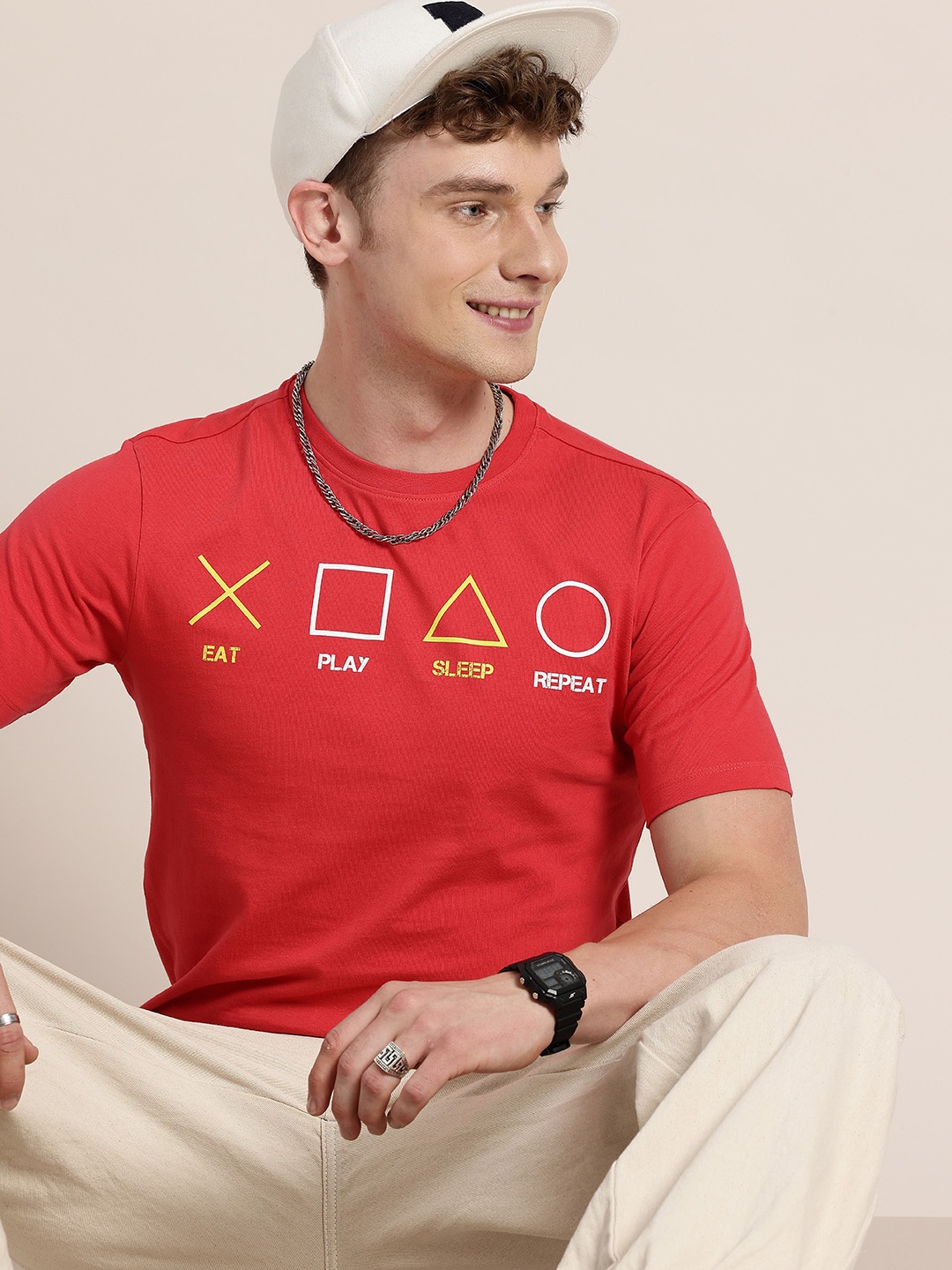 

HERE&NOW Pure Cotton Geometric Printed T-shirt, Red