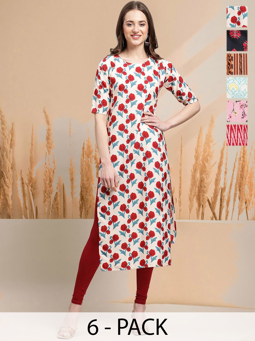 

7Threads Selection Of 6 Floral Printed Round Neck Straight Kurtas, Cream