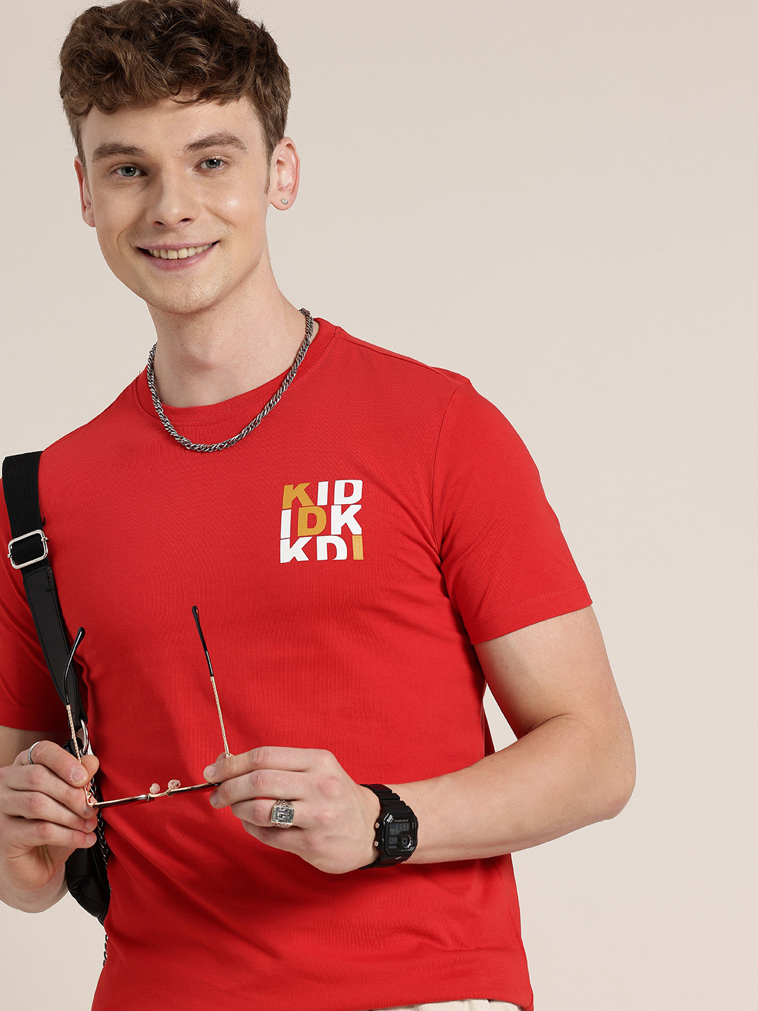 

HERE&NOW Pure Cotton Typography Printed T-shirt, Red