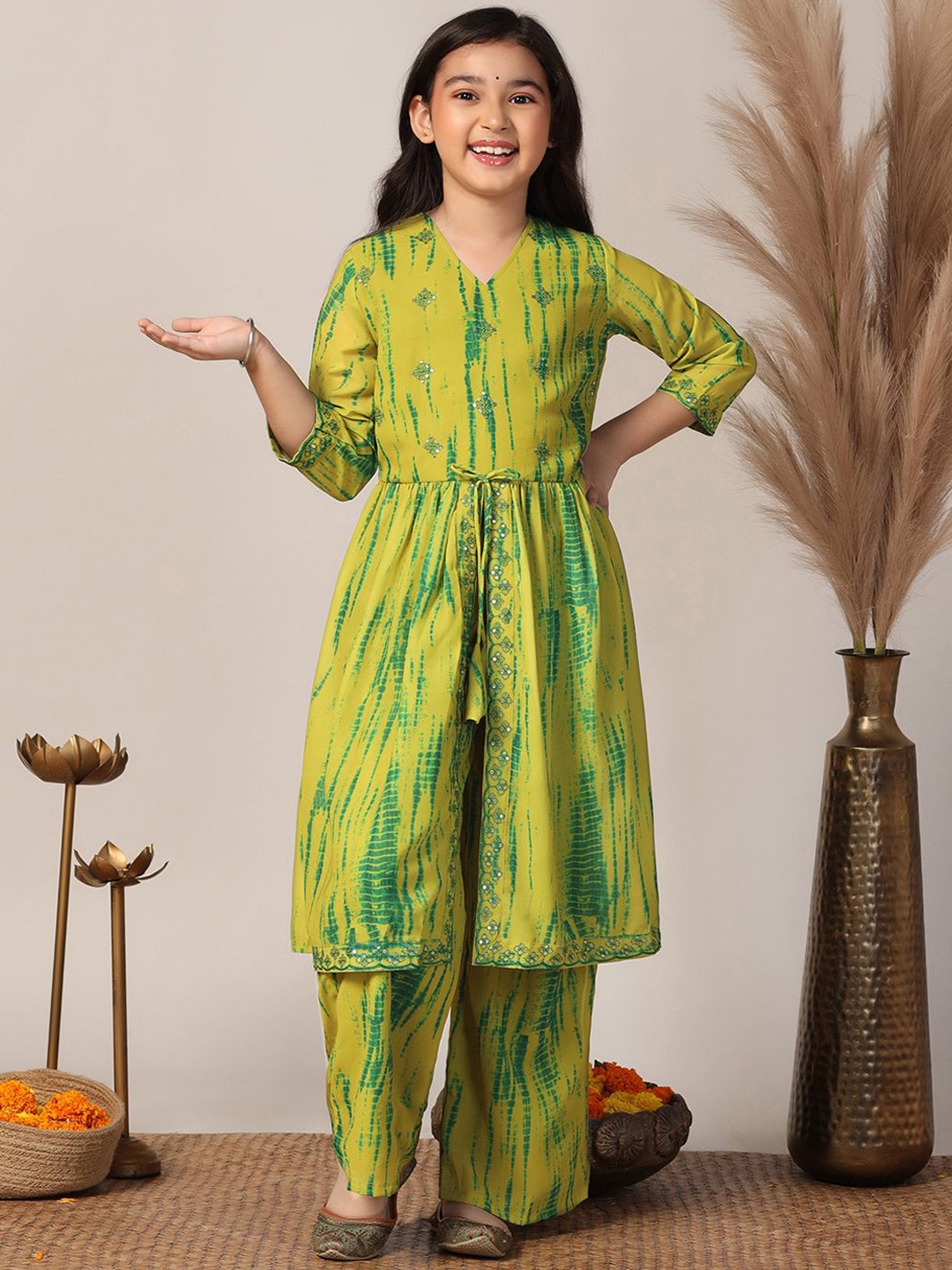 

BAESD Girls Shibori Dyed Kurta With Palazzos, Mustard