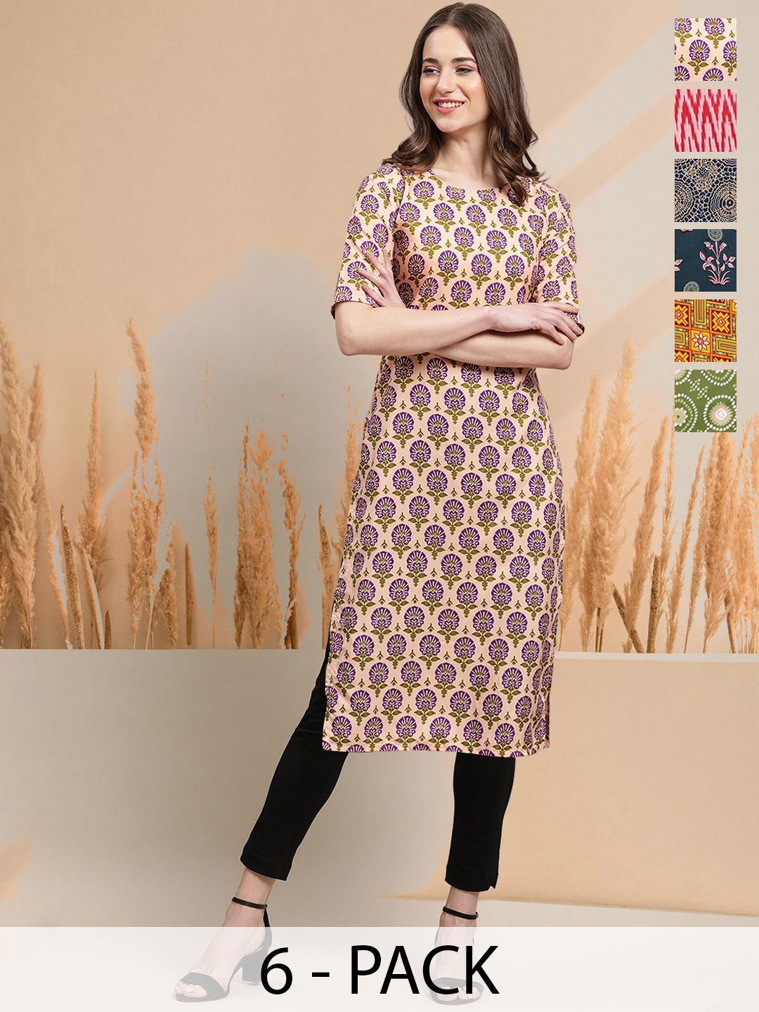 

7Threads Selection Of 6 Floral Printed Round Neck Straight Kurtas, Beige