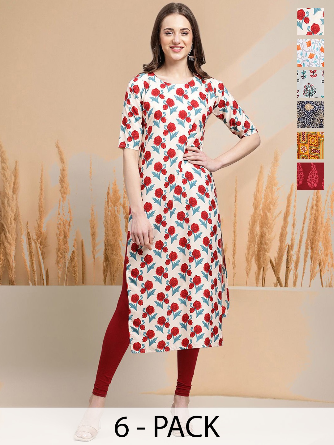 

7Threads Selection of 6 Floral Printed Round Neck Straight Kurta, White