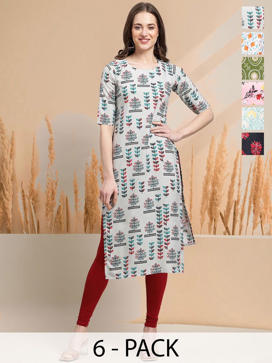 

7Threads Selection Of 6 Floral Printed Round Neck Straight Kurtas, White