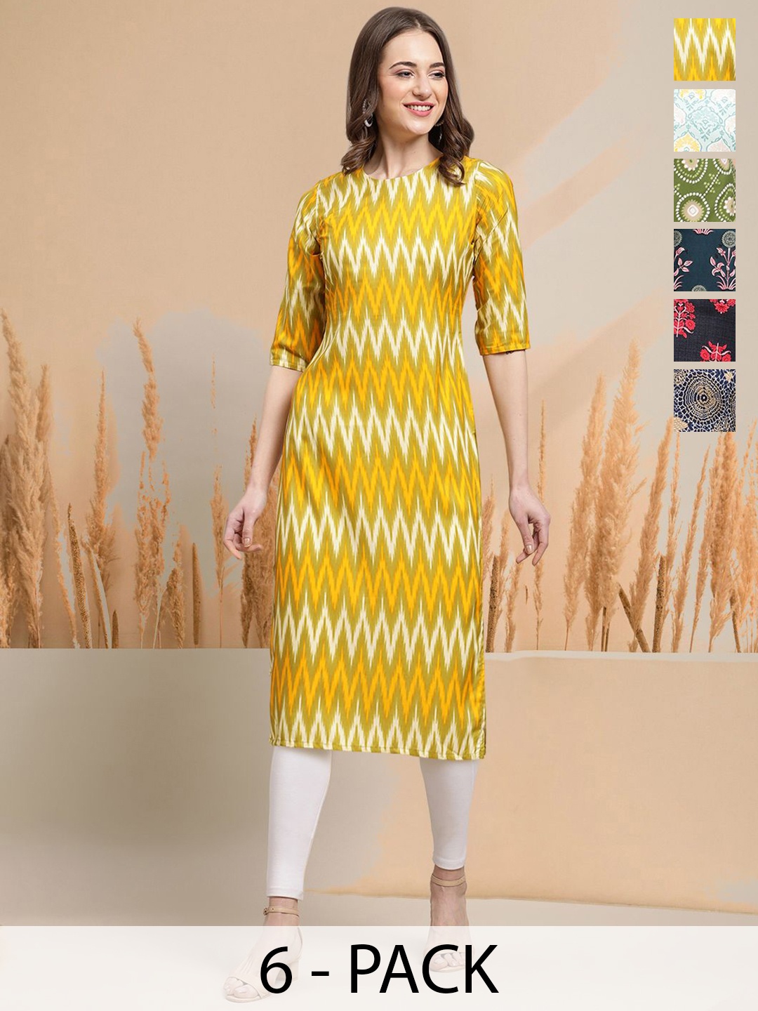 

7Threads Selection Of 6 Chevron Printed Round Neck Straight Kurtas, Olive