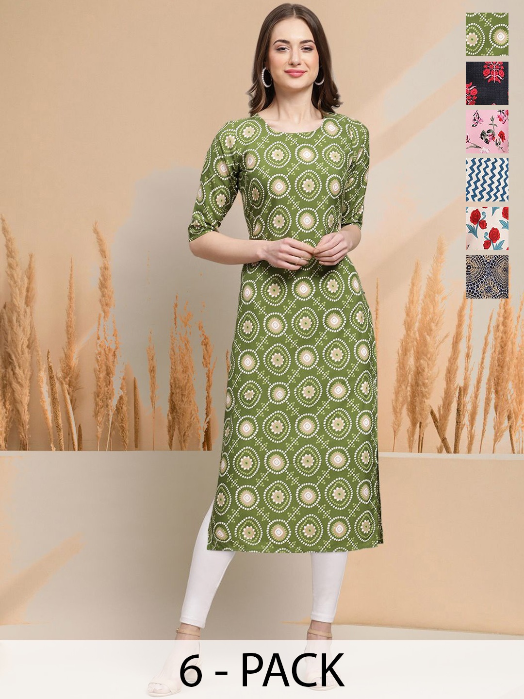 

7Threads Selection of 6 Geometric Printed Round Neck Straight Kurtas, Green