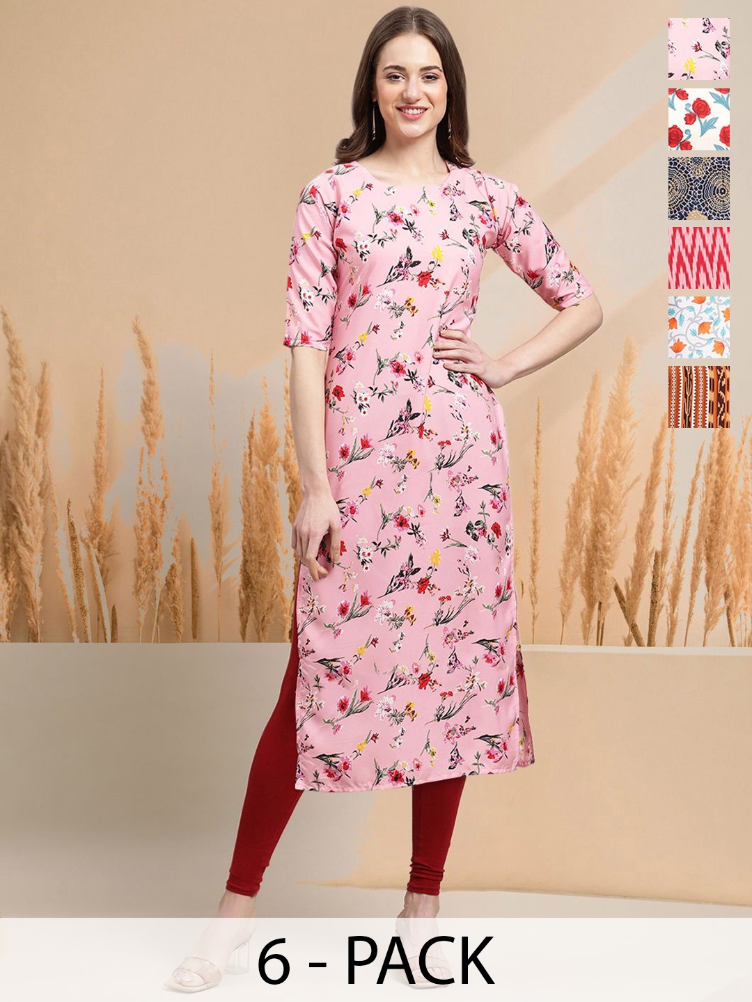 

7Threads Selection Of 6 Floral Printed Straight Kurtas, Pink