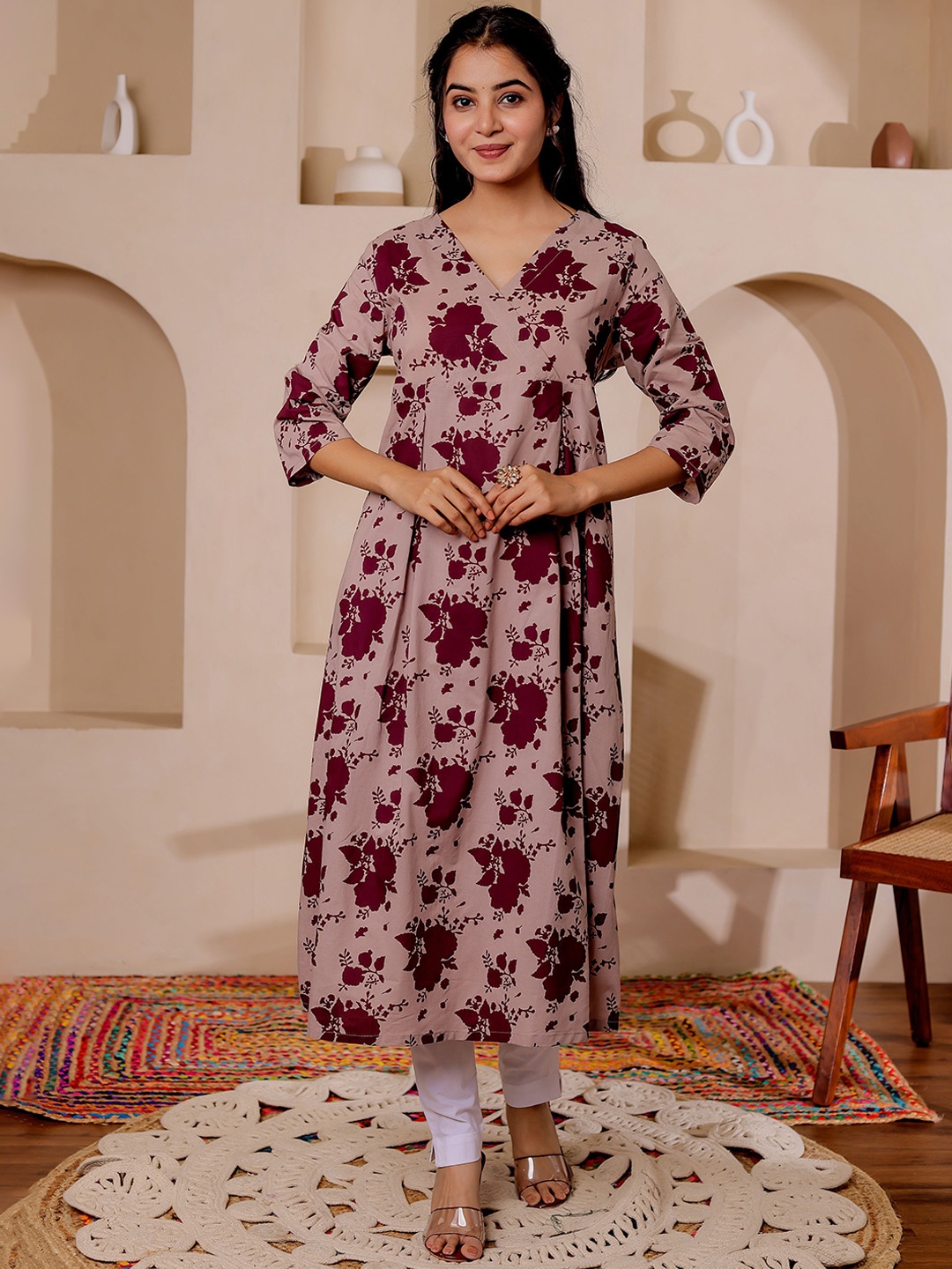 

VASVI Floral Printed V-Neck A-line Cotton Angrakha Kurta, Brown